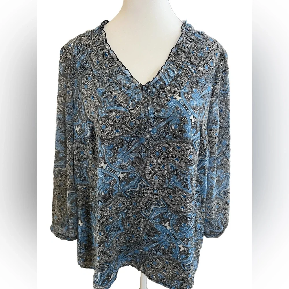 COLDWATER CREEK Blue Black & White Semi Sheer Chiffon Paisley Blouse Medium - Picture 1 of 8